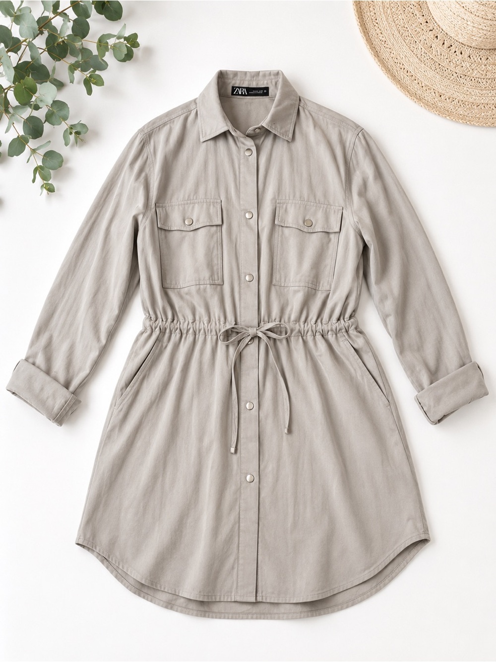 Zara Stone Beige Button-Front Shirt Dress with Drawstring